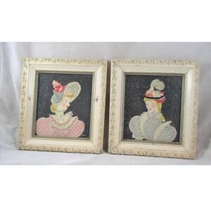 Pair Turner Prints Women in Fancy Hats Shabby Cottage Framed 11x10 Vintage